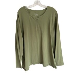 Denim & Co Olive Green Henley Long Sleeve Top Plus Size 3X Cotton Stretch